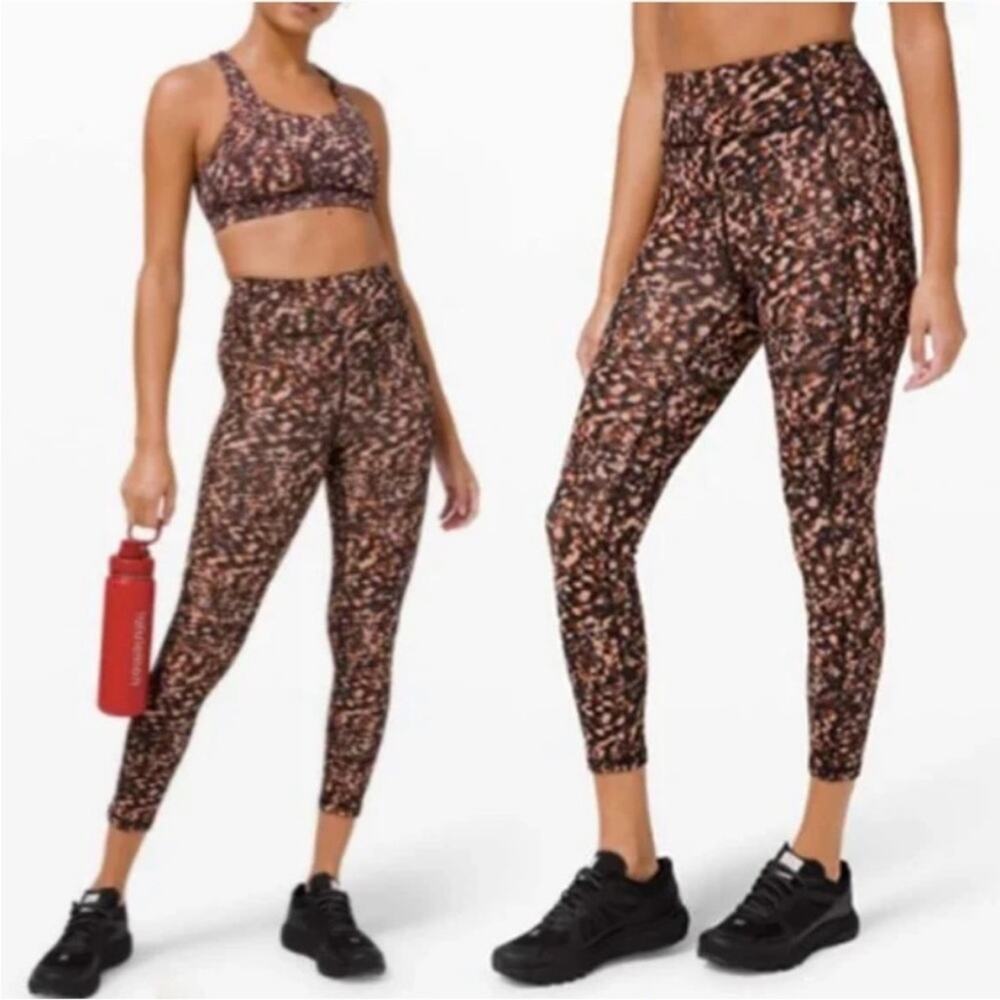 LULULEMON Invigorate Back Tan Print High Rise Cropped Ankle Workout Leggings 2